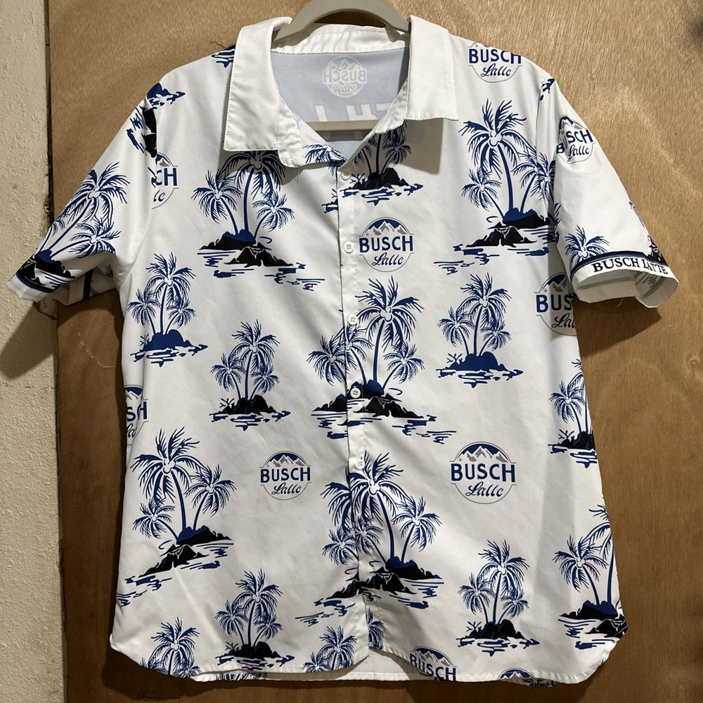 Busch Latte Adult Shirt Medium Aloha Hawaiian Beach Button Up Blue White